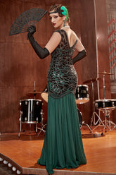 Dunkelgrünes langes Pailletten Flapperkleid aus den 1920er Jahren